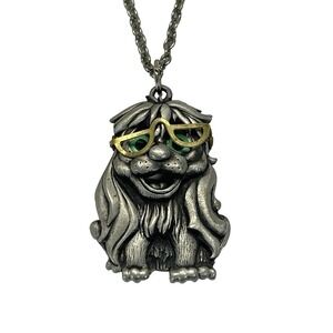 JJ Jonette Jewelry Genuine‎ Pewter Dog Necklace 13.5" Movable Glasses Vintage